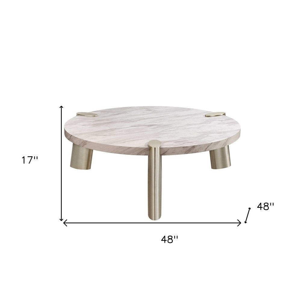 48" White and Silver Marble and Stainless Steel Round Coffee Table HomeRoots