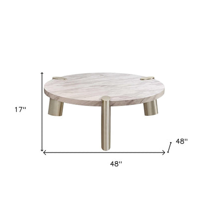 48" White and Silver Marble and Stainless Steel Round Coffee Table HomeRoots