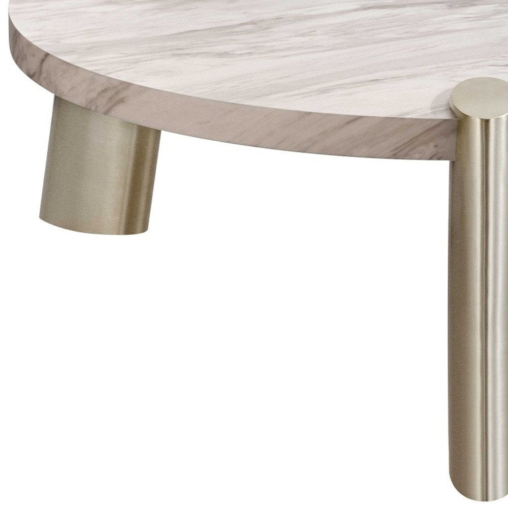 48" White and Silver Marble and Stainless Steel Round Coffee Table HomeRoots