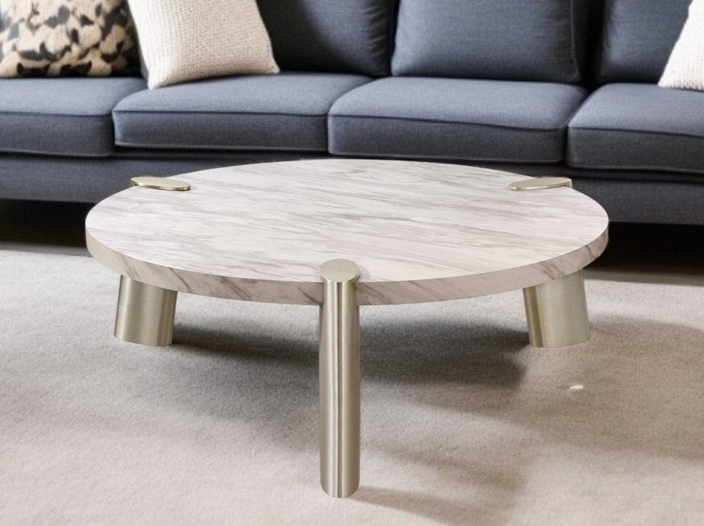 48" White and Silver Marble and Stainless Steel Round Coffee Table HomeRoots