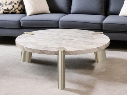 48" White and Silver Marble and Stainless Steel Round Coffee Table HomeRoots