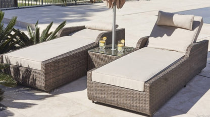 78" Set of Two Brown Indoor Outdoor Chaise Lounge with Beige Cushion