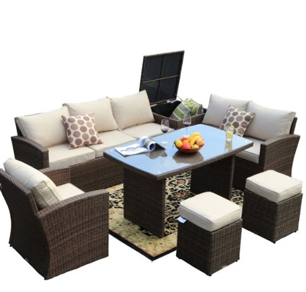 179.85" X 31.89" 32.68" Brown 7Piece Steel Outdoor Sectional Sofa Set With Ottomans And Storage Box HomeRoots