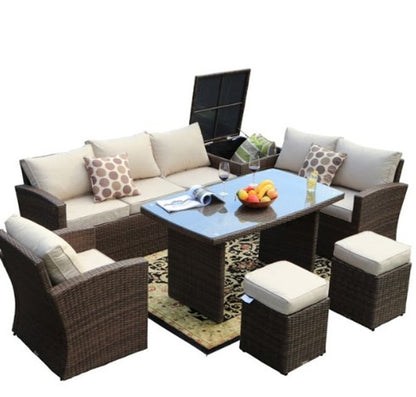 179.85" X 31.89" 32.68" Brown 7Piece Steel Outdoor Sectional Sofa Set With Ottomans And Storage Box HomeRoots