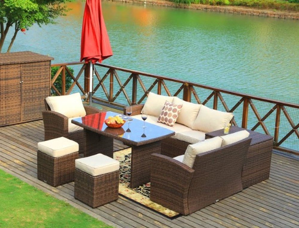 179.85" X 31.89" 32.68" Brown 7Piece Steel Outdoor Sectional Sofa Set With Ottomans And Storage Box HomeRoots