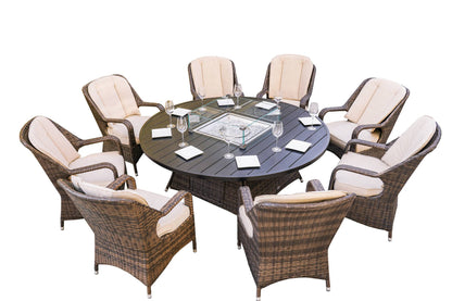 Brown Wicker Round Outdoor Fire Pit Dining Set With 8 Chairs - FurniFindUSA