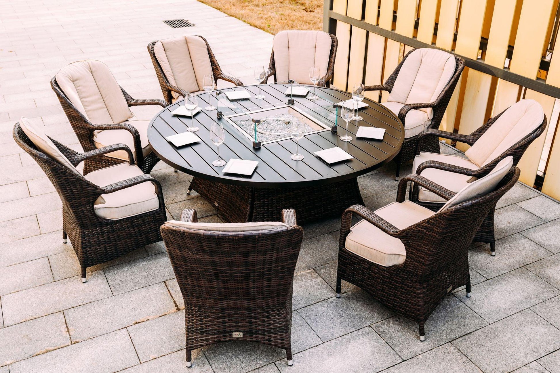 Brown Wicker Round Outdoor Fire Pit Dining Set With 8 Chairs - FurniFindUSA