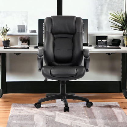 Black Adjustable Swivel Faux Leather Rolling Office Chair - FurniFindUSA