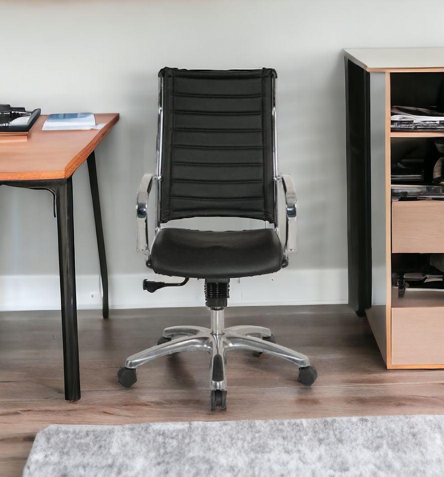 Black and Silver Adjustable Swivel Faux Leather Rolling Office Chair - FurniFindUSA