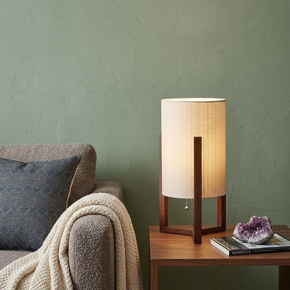 17" Brown Solid Wood Bedside Table Lamp With Natural Cylinder Shade HomeRoots