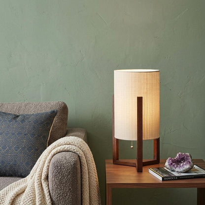 17" Brown Solid Wood Bedside Table Lamp With Natural Cylinder Shade HomeRoots