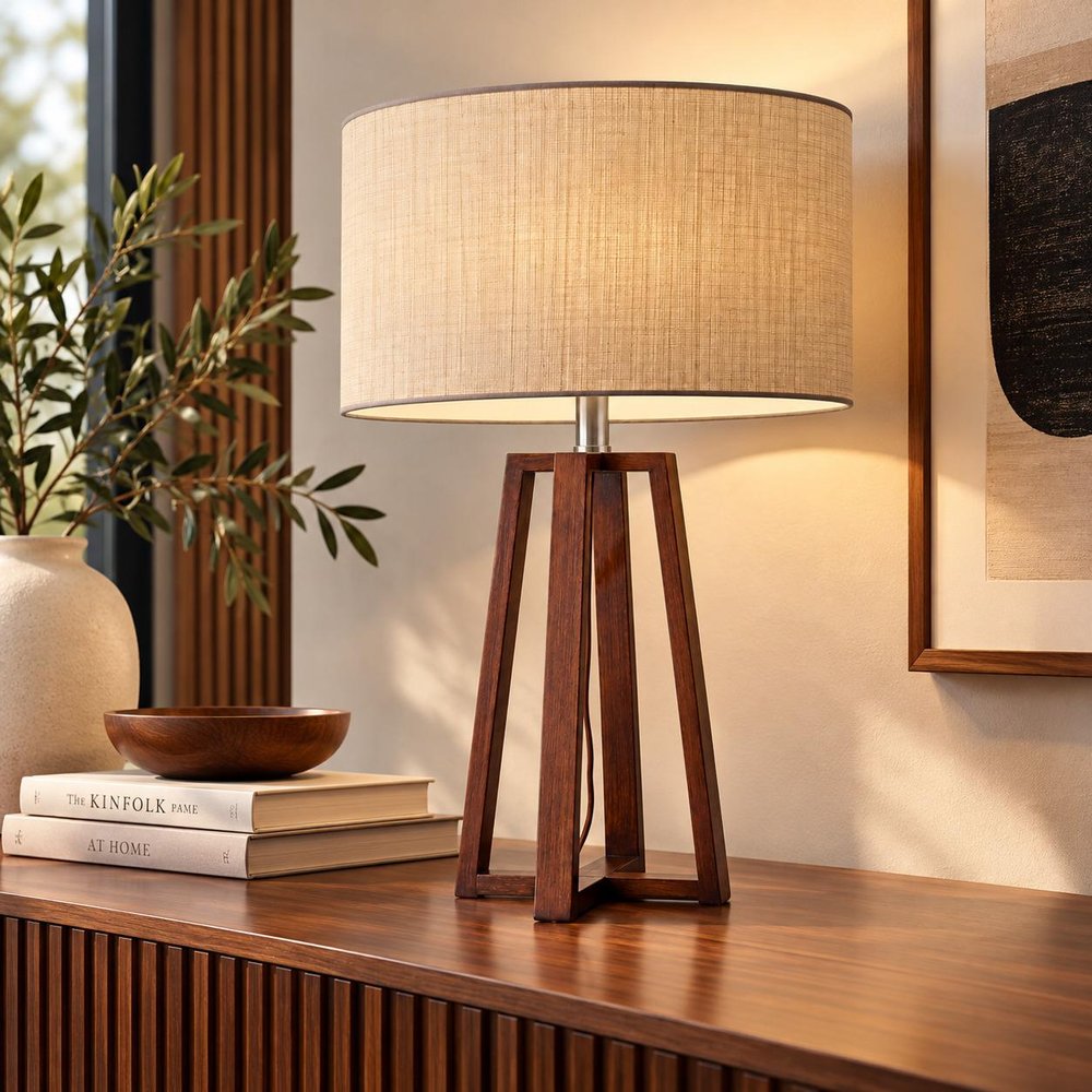 Walnut Wood Finish Linen Fabric Shade Table Lamp — view 11