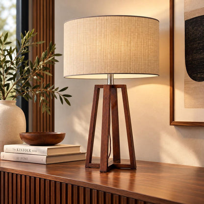 Walnut Wood Finish Linen Fabric Shade Table Lamp