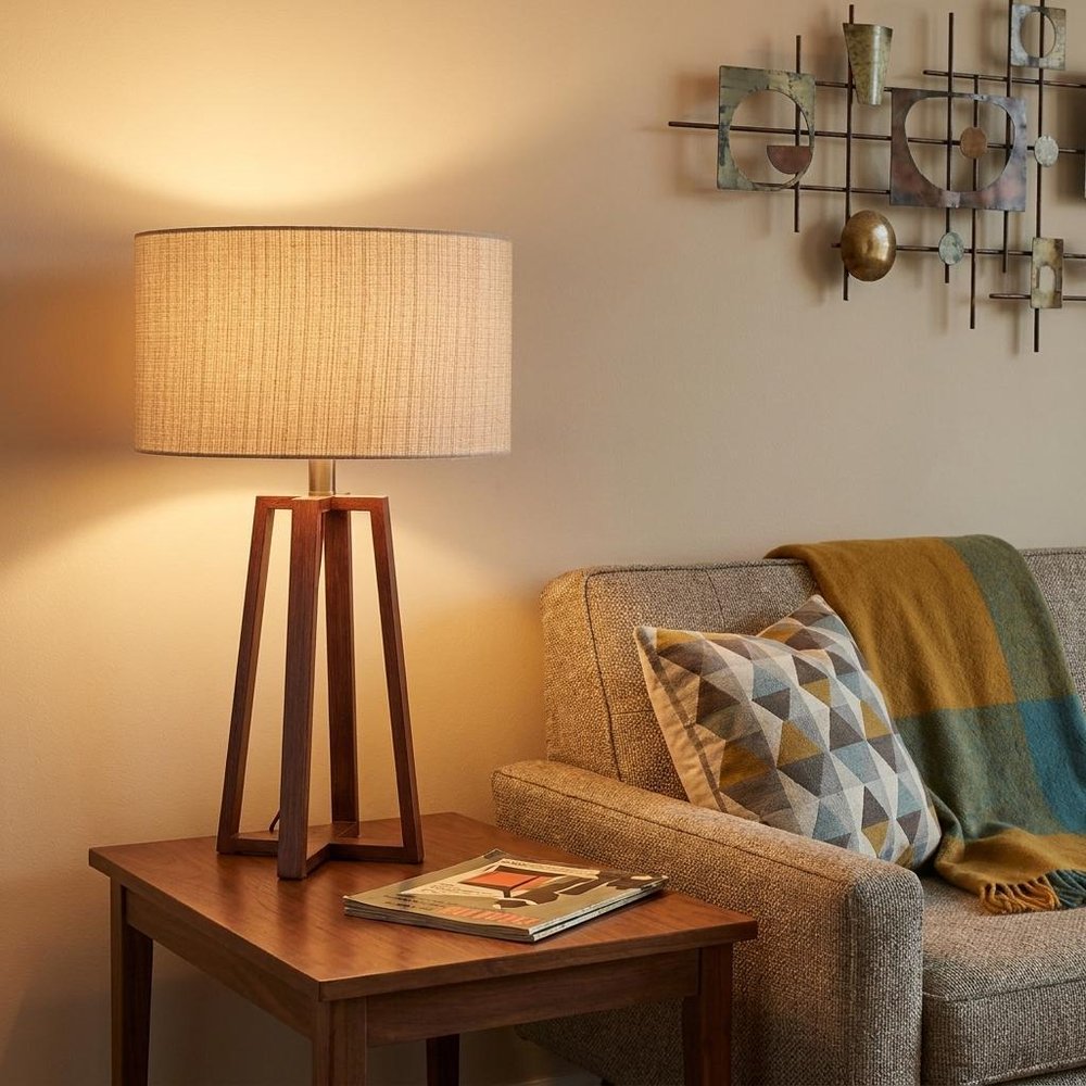 Walnut Wood Finish Linen Fabric Shade Table Lamp — view 8