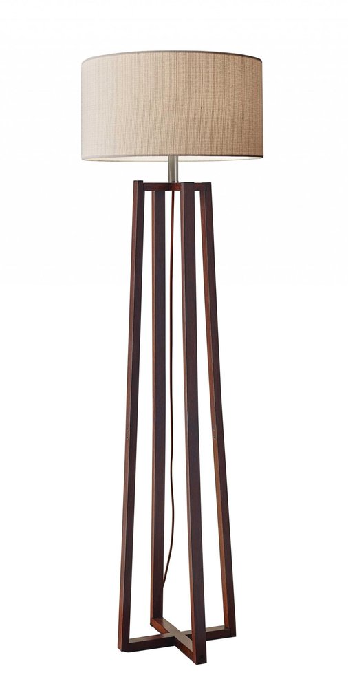 60" Brown Solid Wood Novelty Floor Lamp With Beige Fabric Drum Shade — view 1
