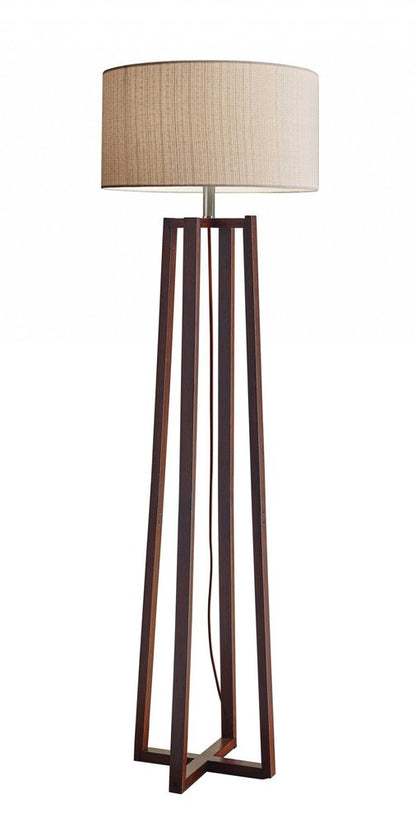60" Brown Solid Wood Novelty Floor Lamp With Beige Fabric Drum Shade