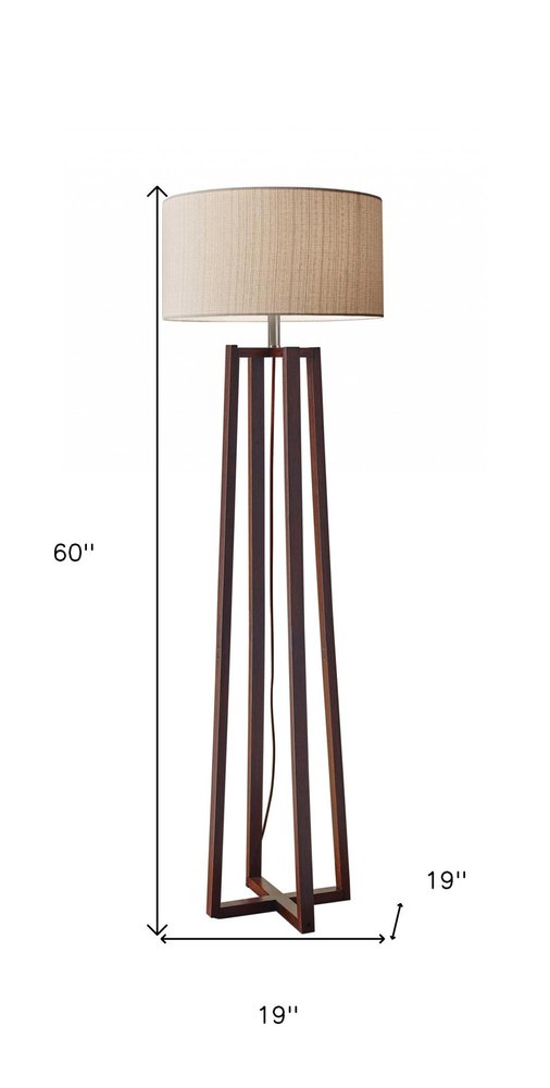 60" Brown Solid Wood Novelty Floor Lamp With Beige Fabric Drum Shade — view 6