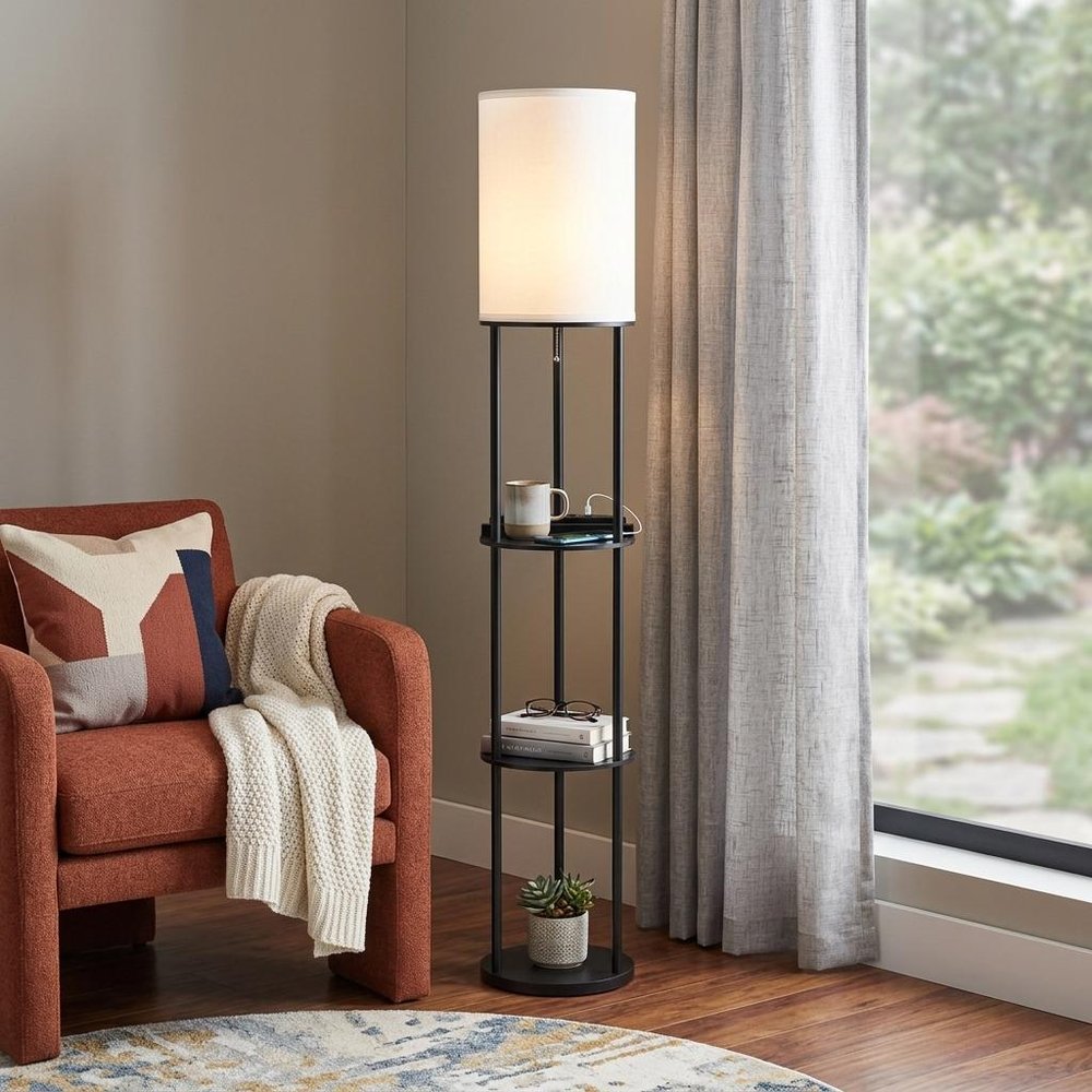 67" Black Metal Column Floor Lamp With White Linen Shade HomeRoots
