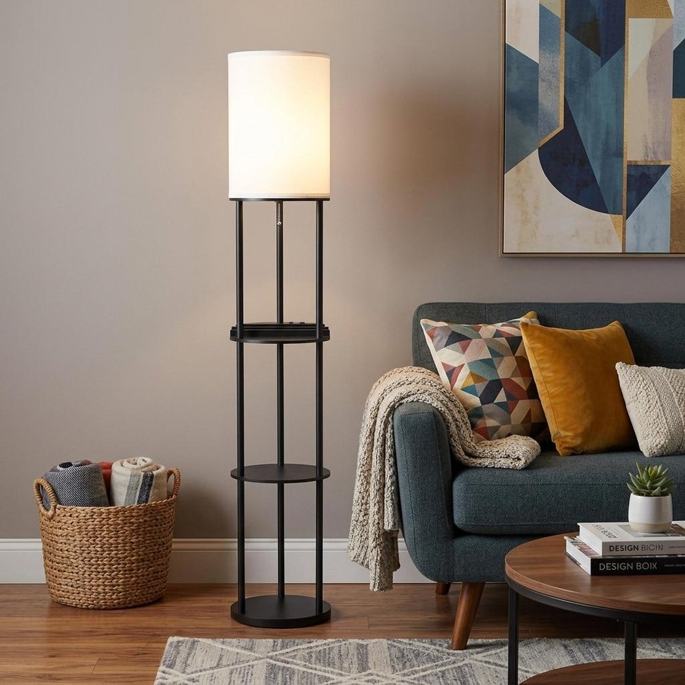 67" Black Metal Column Floor Lamp With White Linen Shade HomeRoots