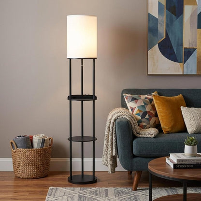67" Black Metal Column Floor Lamp With White Linen Shade HomeRoots