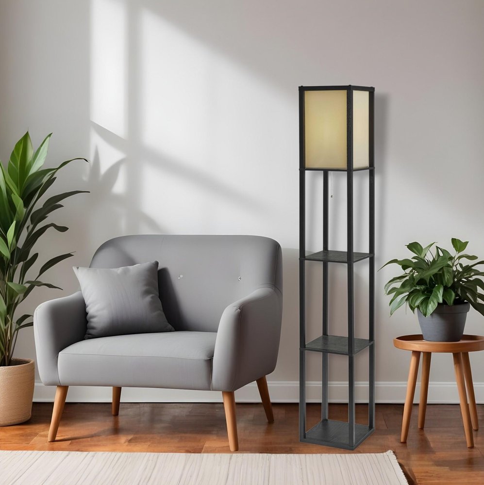 63" Black And White Solid Wood Column Floor Lamp With White Fabric Square Shade — view 10