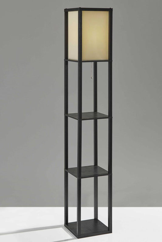 63" Black And White Solid Wood Column Floor Lamp With White Fabric Square Shade