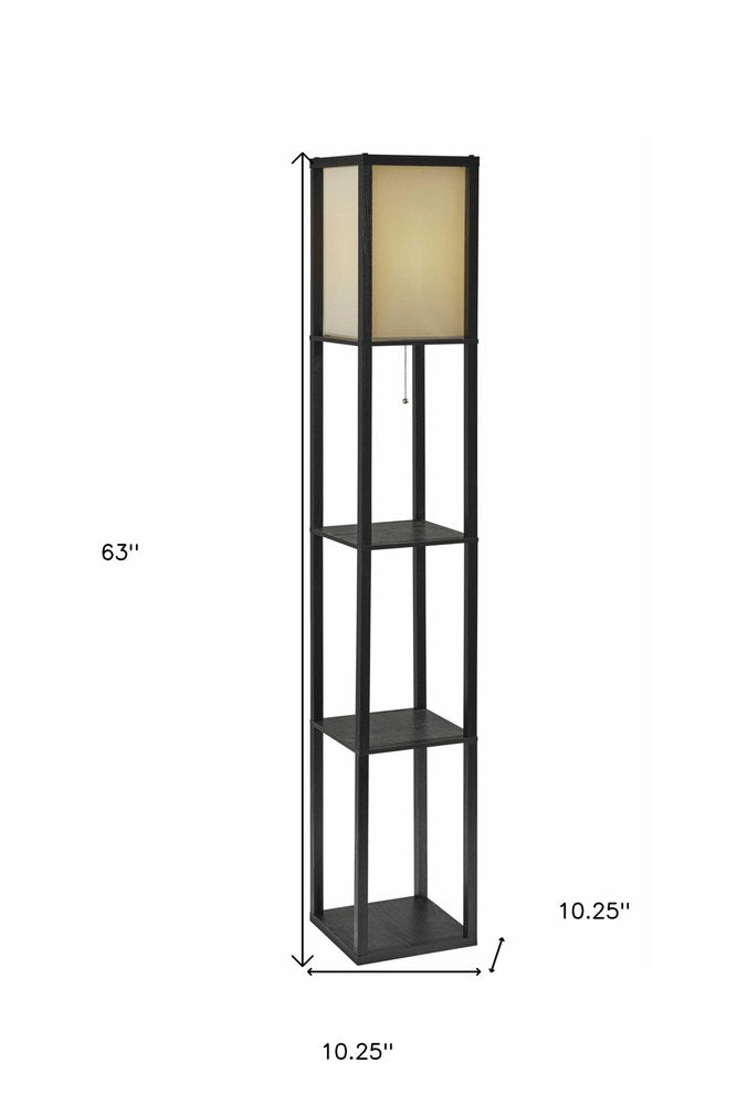 63" Black And White Solid Wood Column Floor Lamp With White Fabric Square Shade — view 7
