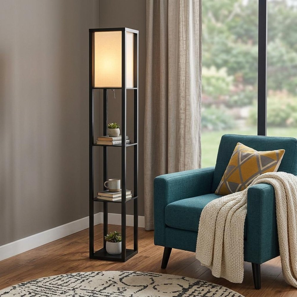 72" Black And White Solid Wood Column With White Cotton Shade HomeRoots