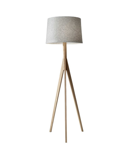 59" Natural Solid Wood Tripod Floor Lamp With Gray Fabric Empire Shade HomeRoots
