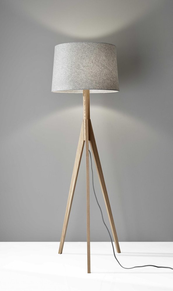 59" Natural Solid Wood Tripod Floor Lamp With Gray Fabric Empire Shade HomeRoots