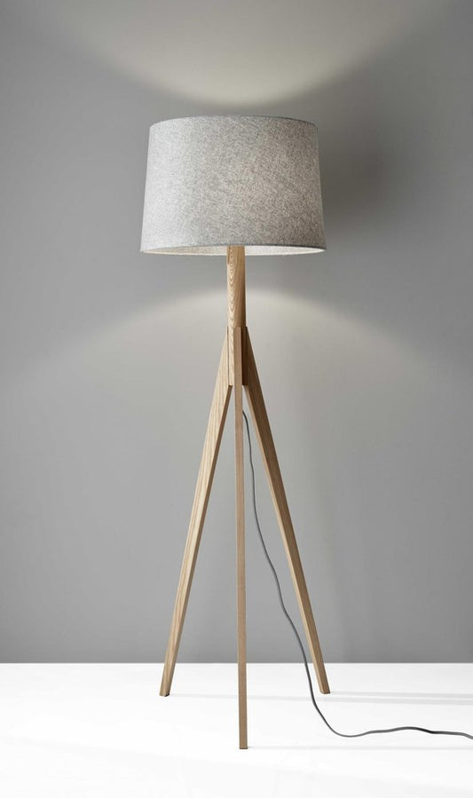 59" Natural Solid Wood Tripod Floor Lamp With Gray Fabric Empire Shade HomeRoots