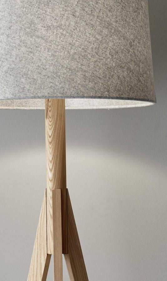 59" Natural Solid Wood Tripod Floor Lamp With Gray Fabric Empire Shade HomeRoots