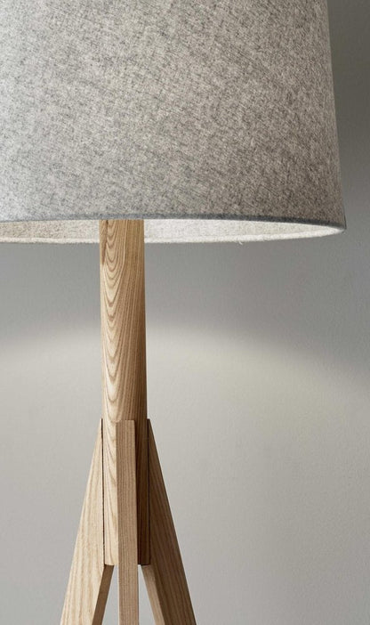 59" Natural Solid Wood Tripod Floor Lamp With Gray Fabric Empire Shade HomeRoots