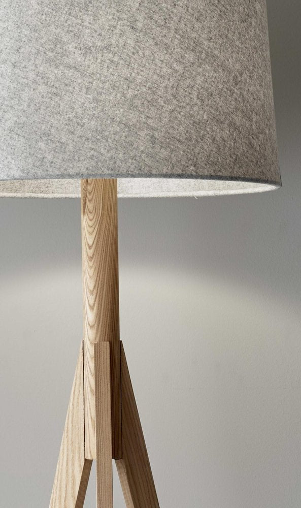 59" Natural Solid Wood Tripod Floor Lamp With Gray Fabric Empire Shade HomeRoots