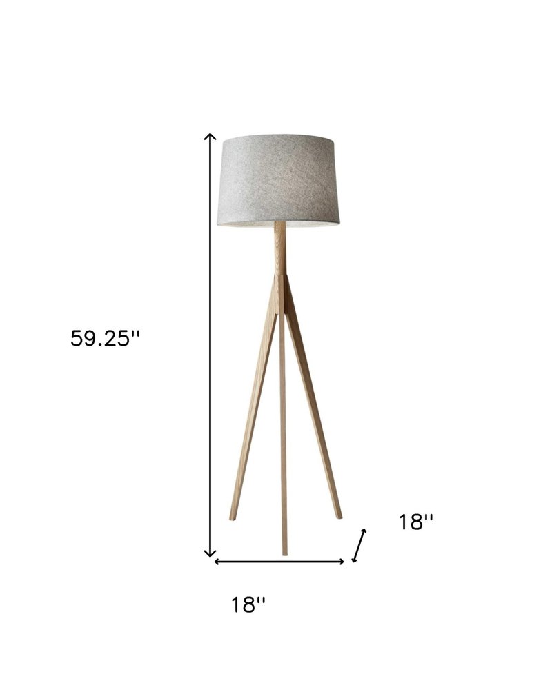 59" Natural Solid Wood Tripod Floor Lamp With Gray Fabric Empire Shade — view 5