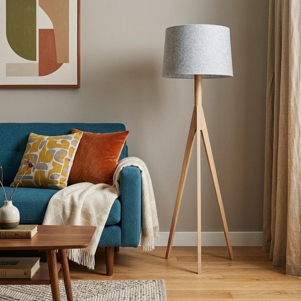 59" Natural Solid Wood Tripod Floor Lamp With Gray Fabric Empire Shade HomeRoots