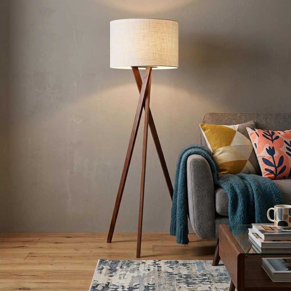 63" Brown And White Solid Wood Tripod Floor Lamp With White Linen Drum Shade HomeRoots