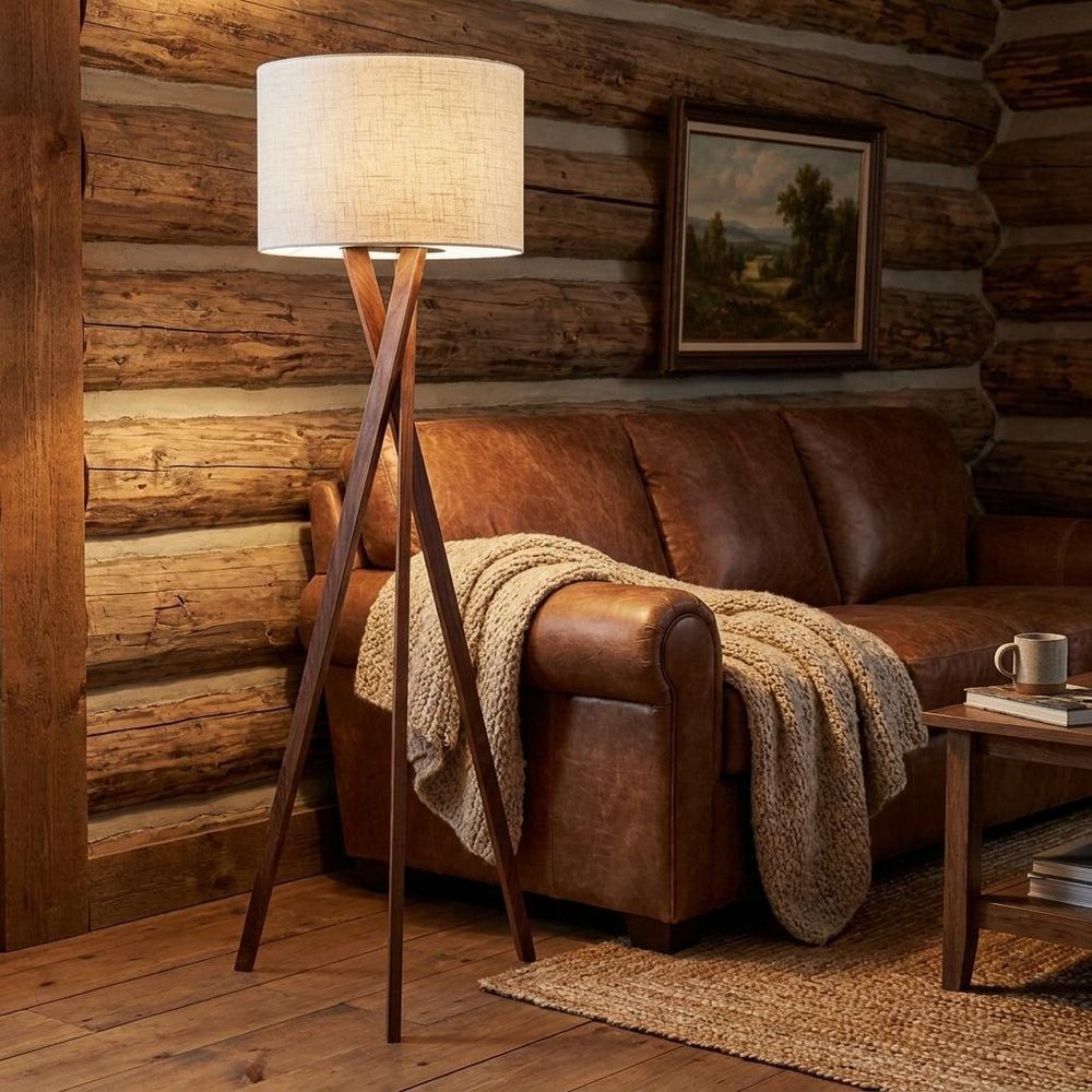 63" Brown And White Solid Wood Tripod Floor Lamp With White Linen Drum Shade HomeRoots