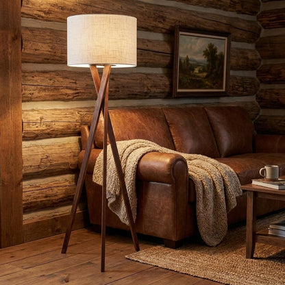 63" Brown And White Solid Wood Tripod Floor Lamp With White Linen Drum Shade HomeRoots