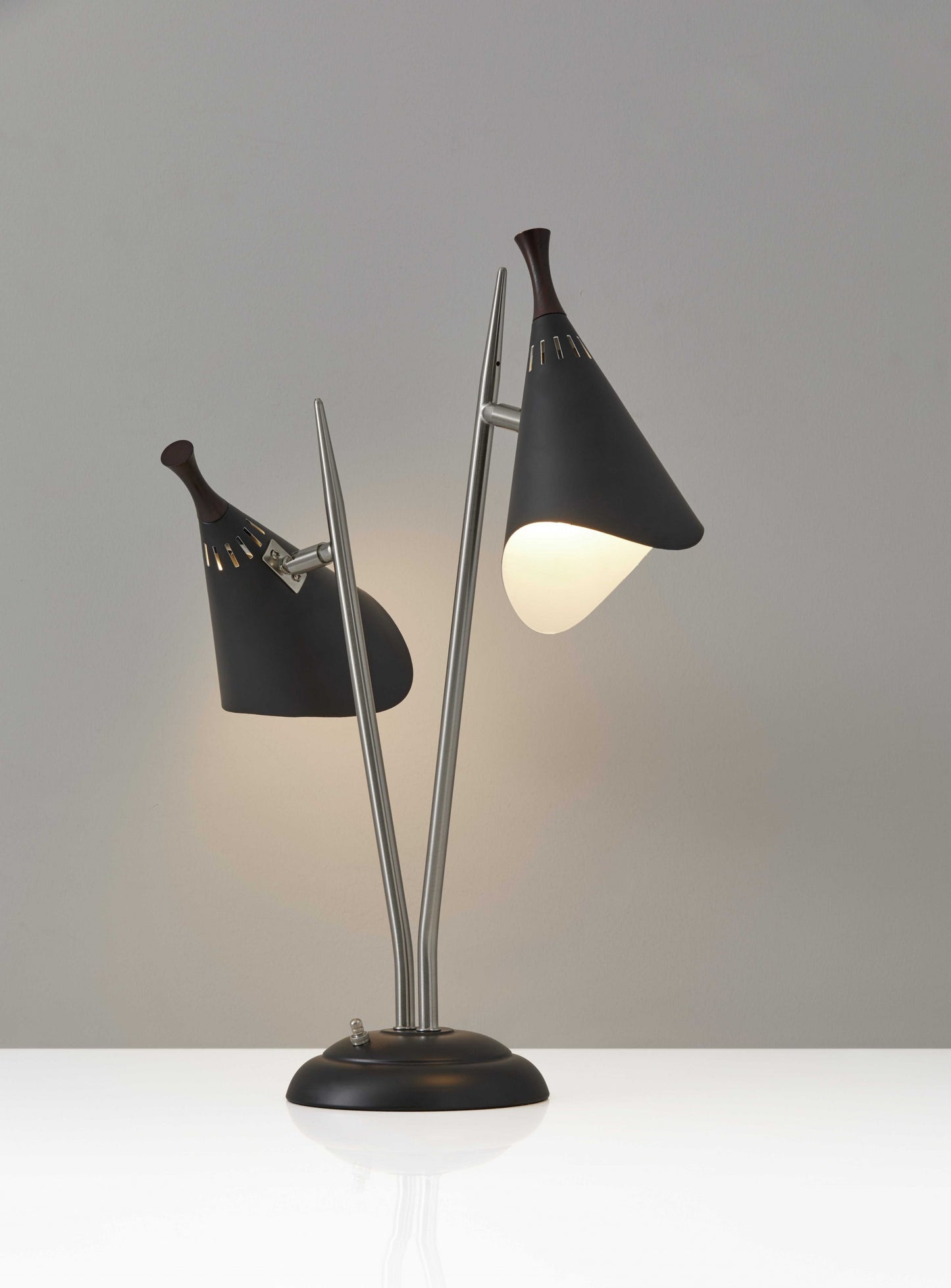 22" Black and Silver Metal Two Light Desk Lamp With Black Cone Shades