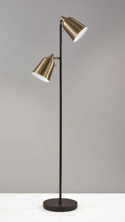 58" Black Two Light Task Floor Lamp With Antiqued Brass Metal Cone Shade HomeRoots