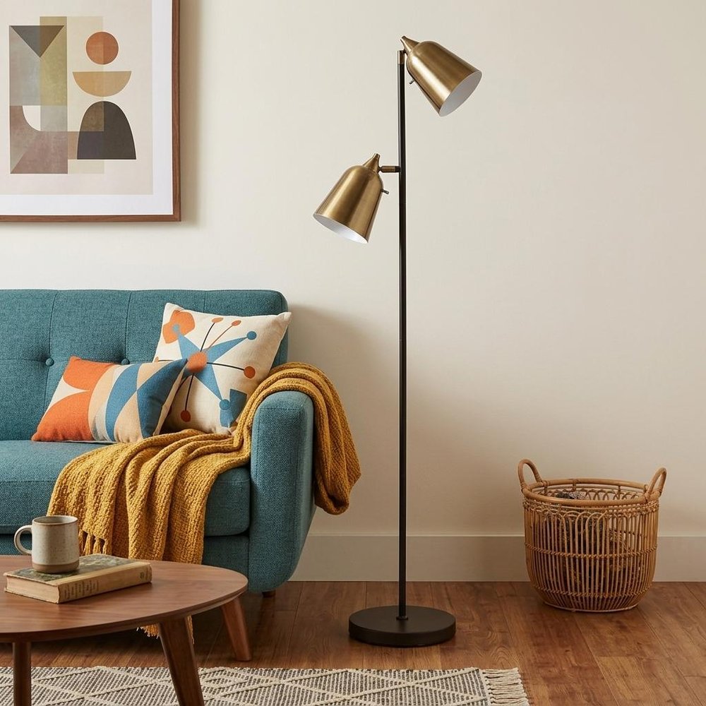 58" Black Two Light Task Floor Lamp With Antiqued Brass Metal Cone Shade HomeRoots