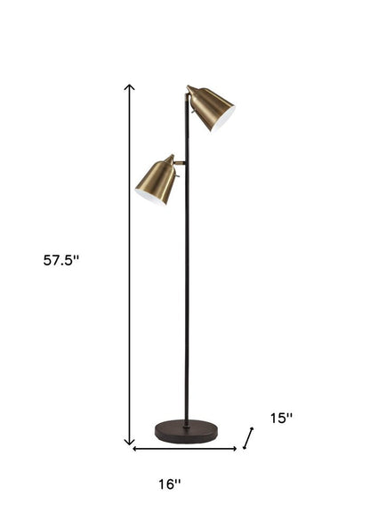 58" Black Two Light Task Floor Lamp With Antiqued Brass Metal Cone Shade HomeRoots
