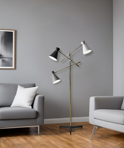 71" Brass Metal Novelty Floor Lamp With Black And White Iron Cone Shade HomeRoots