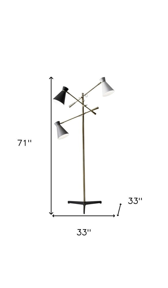 71" Brass Metal Novelty Floor Lamp With Black And White Iron Cone Shade HomeRoots
