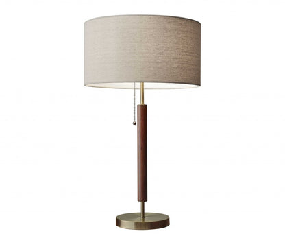 26" Antiqued Brass Solid Wood Table Lamp With Beige Drum Shade HomeRoots