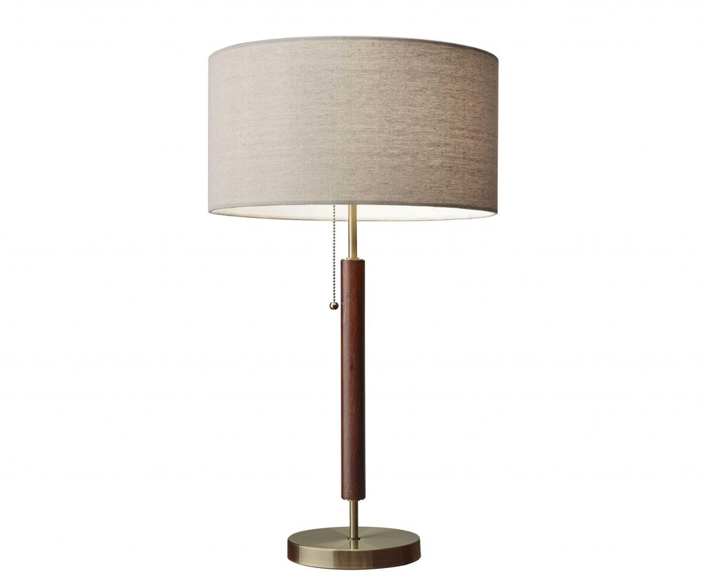 26" Antiqued Brass Solid Wood Table Lamp With Beige Drum Shade HomeRoots