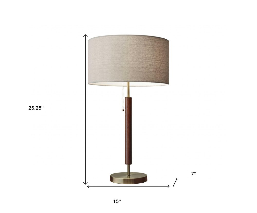 26" Antiqued Brass Solid Wood Table Lamp With Beige Drum Shade — view 7