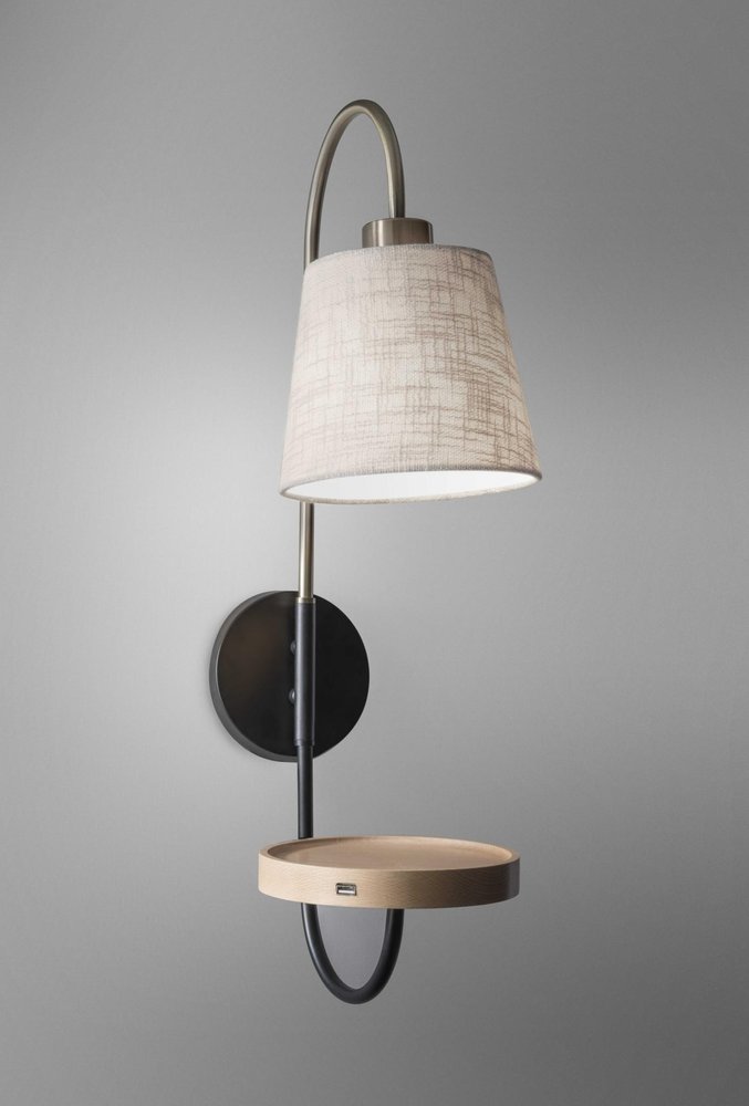 Antique Brass And Black Metal USB Charging Station Wall Lamp With Wood Shelf HomeRoots