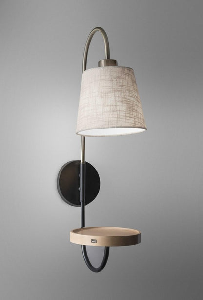 Antique Brass And Black Metal USB Charging Station Wall Lamp With Wood Shelf HomeRoots